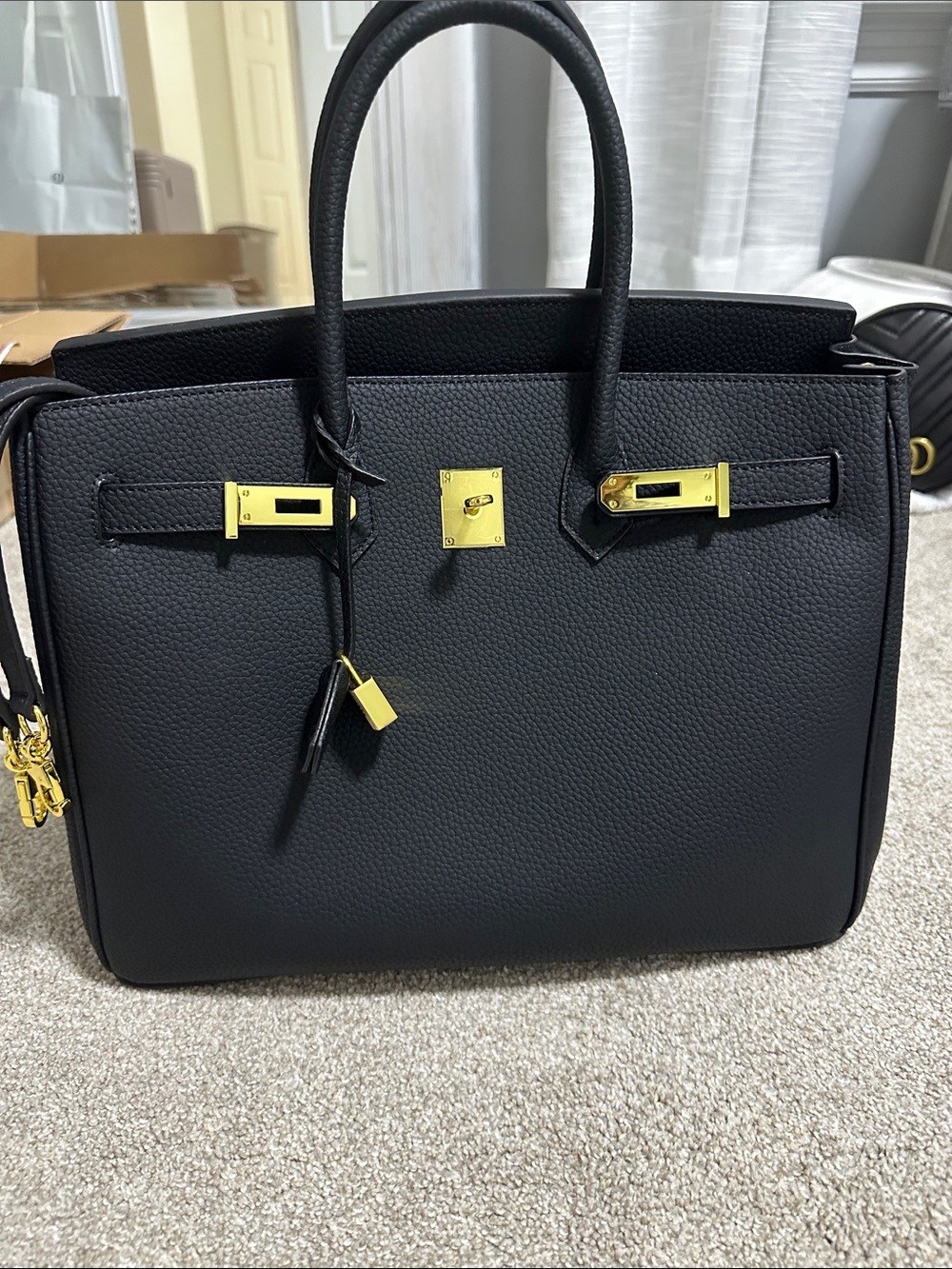 Structured Black Leather Satchel with Gold Hardware